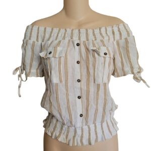 Sweet Wanderer White Boho Off The Shoulder Striped Cinched Top Size Women Small